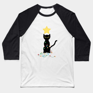 Black Santa Cat Tangled Up In Lights Christmas Santa Illustration Baseball T-Shirt